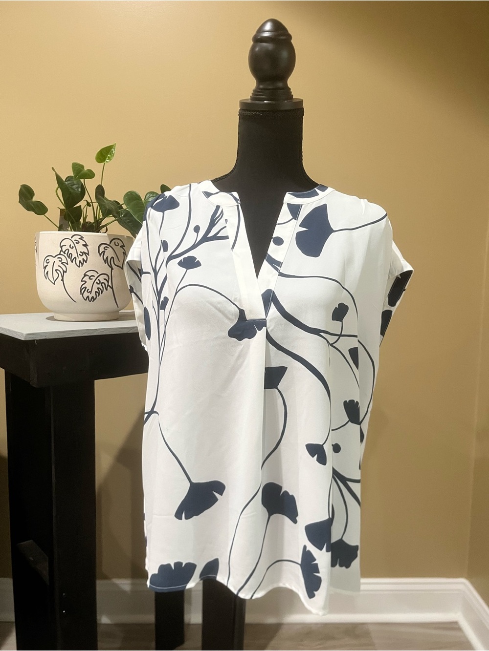Ann Taylor White Midi Dress with Navy Floral Print